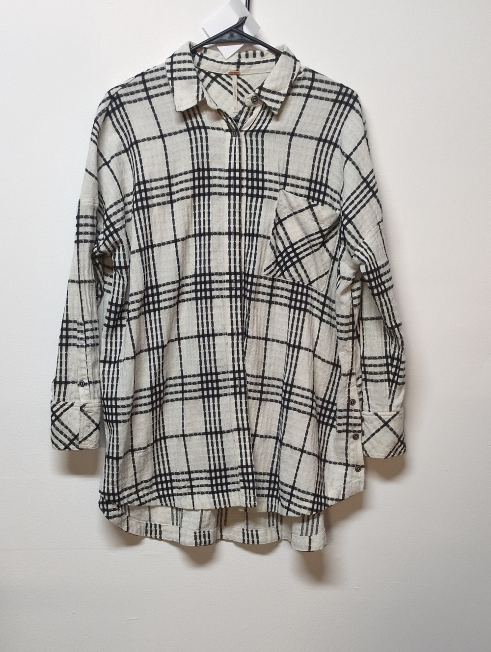 Free People Oversized Plaid Button-Front Blouse Black and White, Size XS